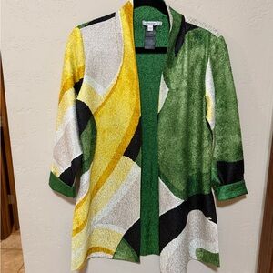 Chico's Green, Yellow & Black Abstract Open-Front Cardigan